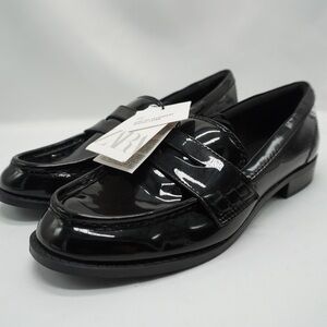 Zara Flat faux patent leather Penny loafers High vamp saddle Size 38 Preppy NEW
